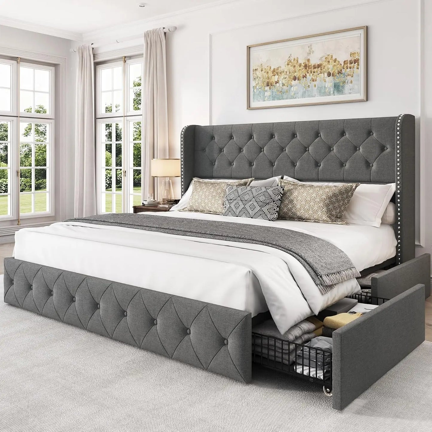 LARMACE King Size Velvet Upholstered Platform Bed – Modern Bed Frame with Headboard