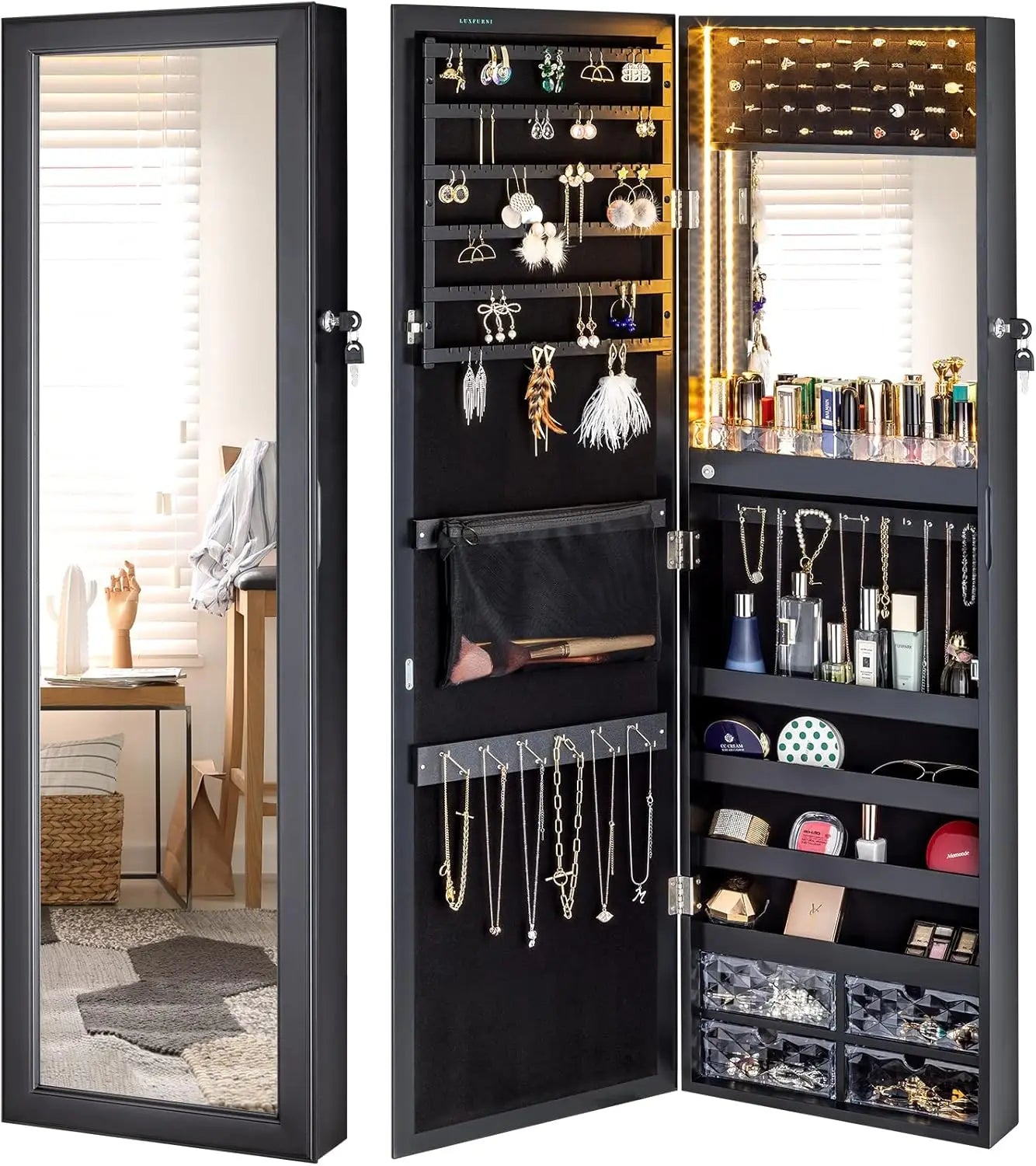 LED Mirror Jewelry Cabinet – Wall/Door Mounted Organizer with Lights