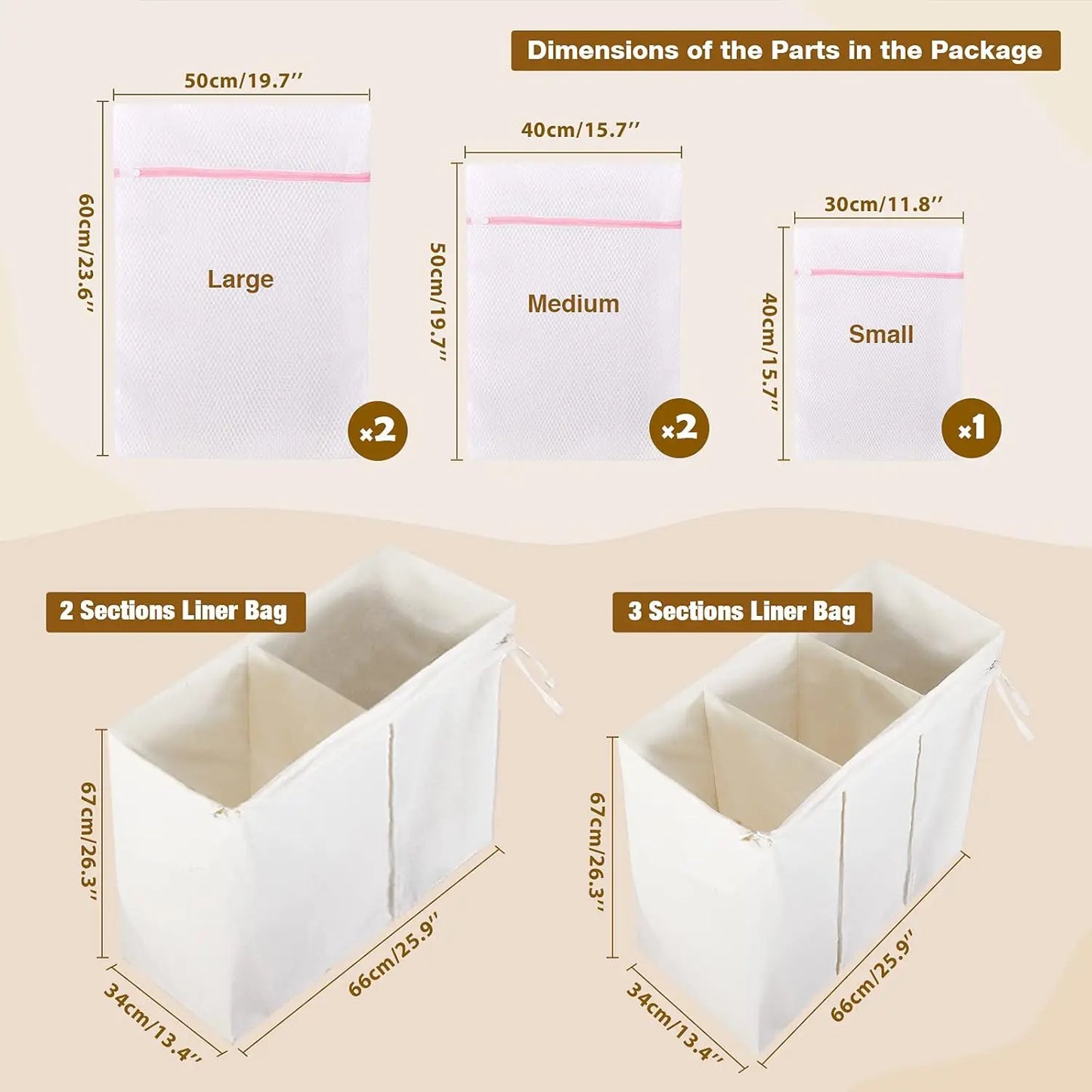 125L Laundry Hamper with Lid – 3-Section & 2-Section Removable Bags + 5 Mesh Bags, Handwoven