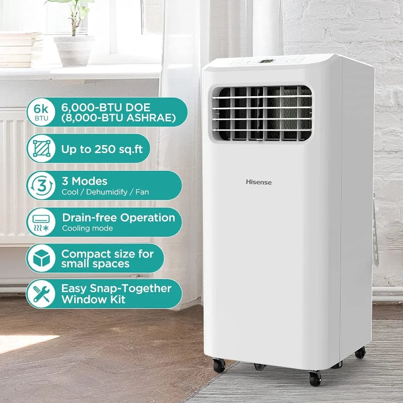 Hisense 6,000 BTU Portable Air Conditioner – Cooling, Dehumidifier & Fan for Rooms up to 250 sq. ft. with Remote (Renewed)