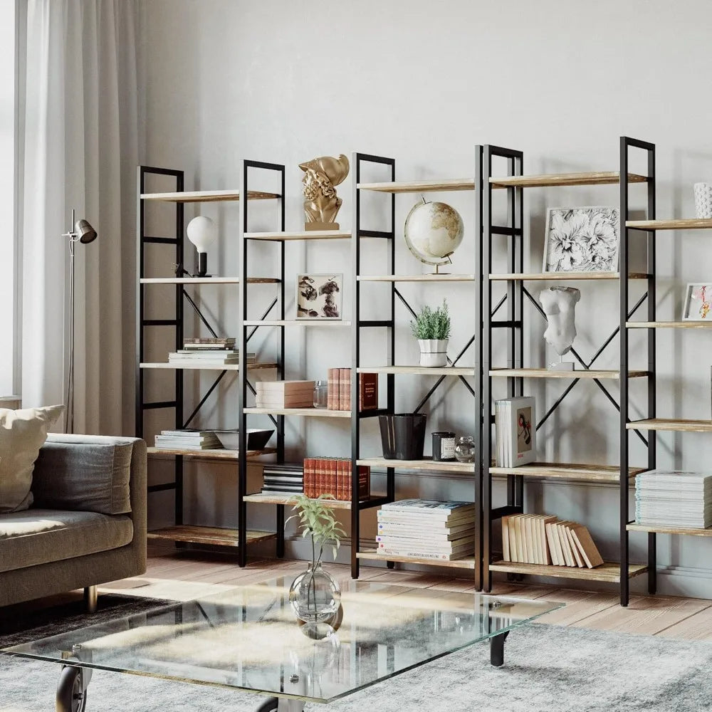 Triple Wide 5-Tier Industrial Bookshelf – Large Open Etagere with Metal Frame