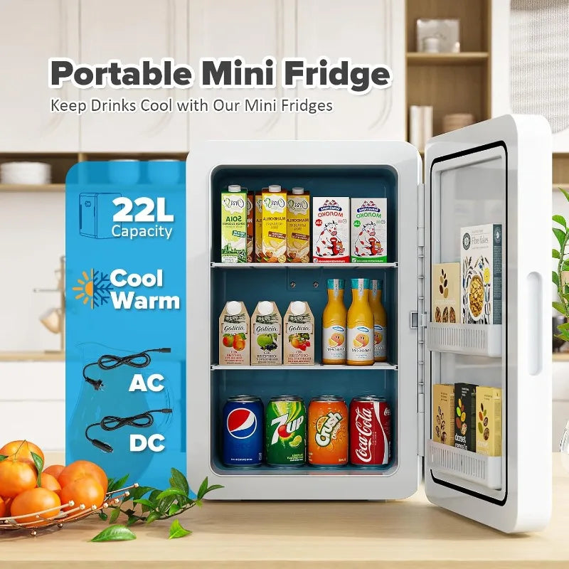 22L Mini Fridge – 30-Can Portable Cooler & Warmer with Glass Door, 12V DC for Car, Office & Bedroom (White)