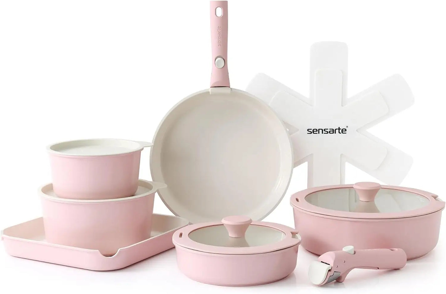 17 Piece Ceramic Pots and Pans Set, Nonstick Detachable Handle Cookware, Induction Kitchen Cookware Set with Removable