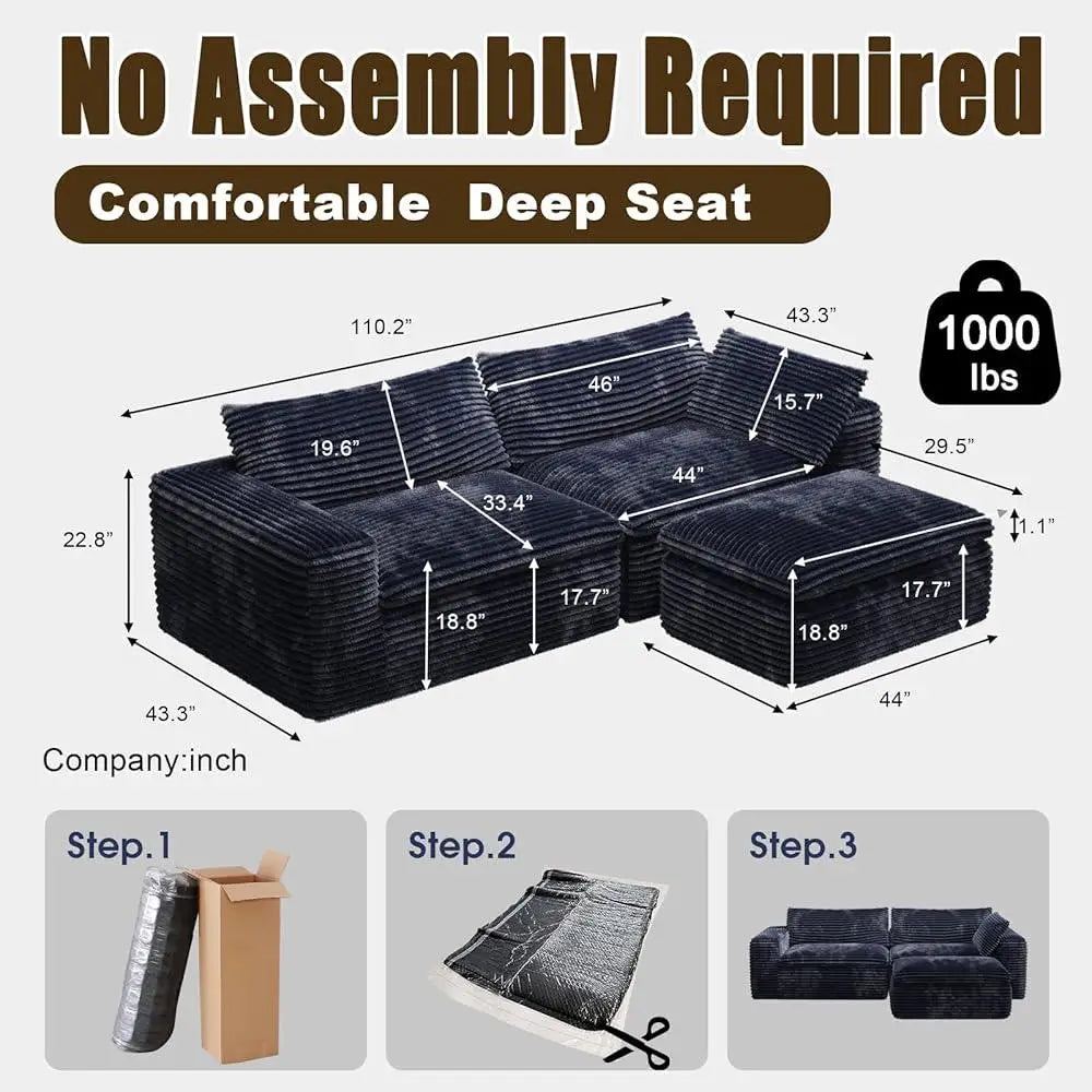 Oversized L-Shaped Sectional Sofa – Deep Seat Plush Modular Couch, Elegant Design, No Assembly