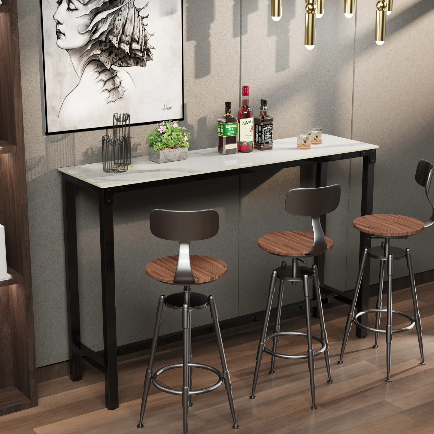 Sintered Stone Bar Table – White Rectangular Counter-Height Dining Table with Black Metal Frame, High Top Pub Table