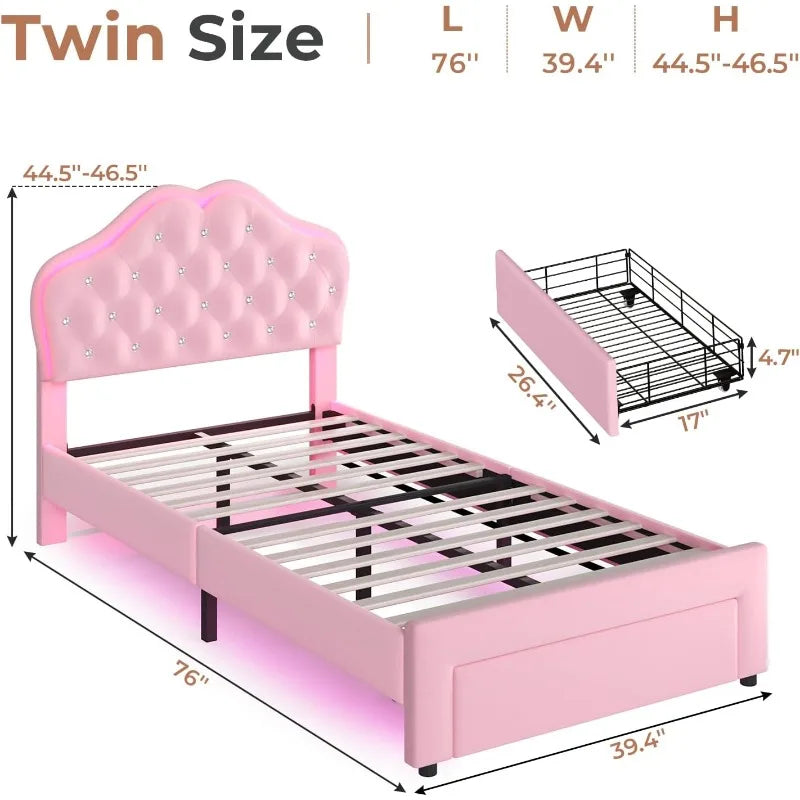 Twin Size Princess Bed – Pink Upholstered Platform with Storage Drawer & Adjustable Crystal Headboard