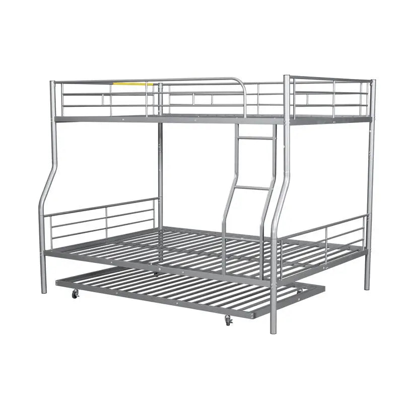 Silver Metal Bunk Bed, Full XL Over Queen with Trundle, Heavy-Duty Frame