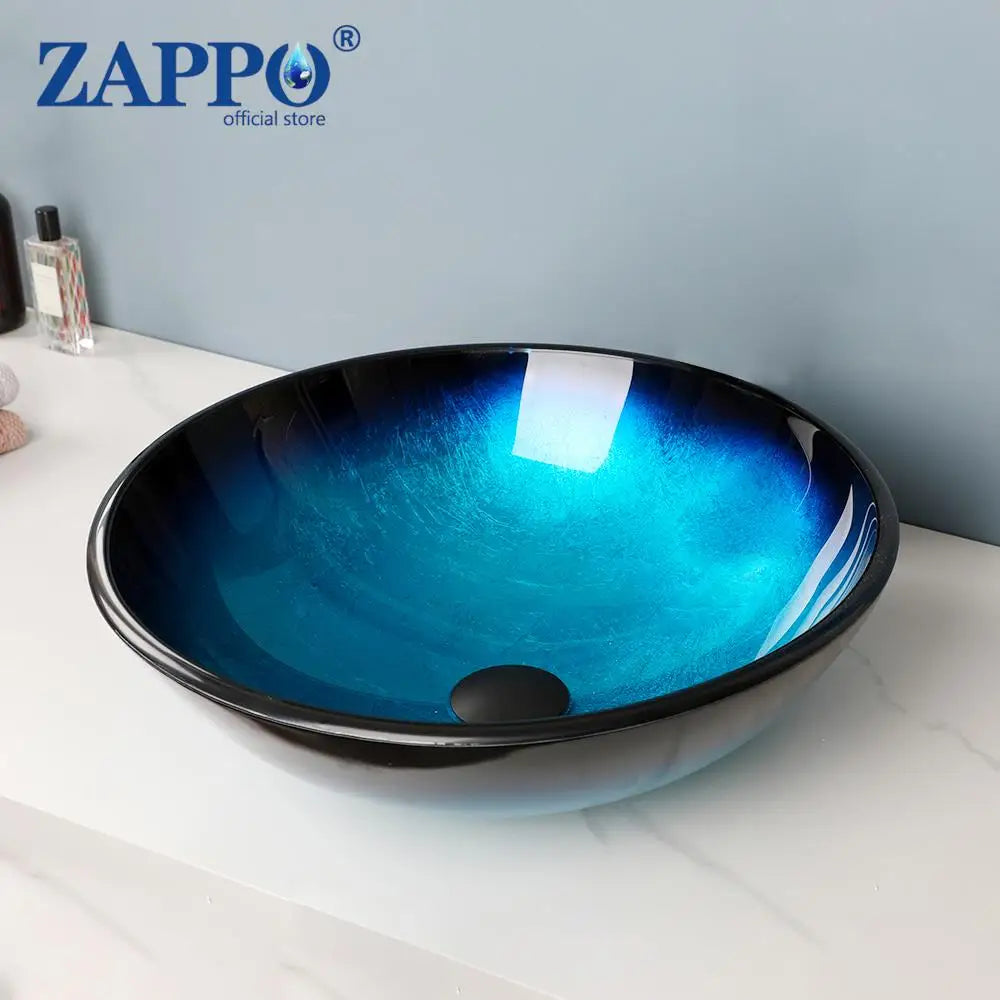 ZAPPO Blue Tempered Glass Vessel Sink – Oval Above-Counter Basin with Black Waterfall Faucet