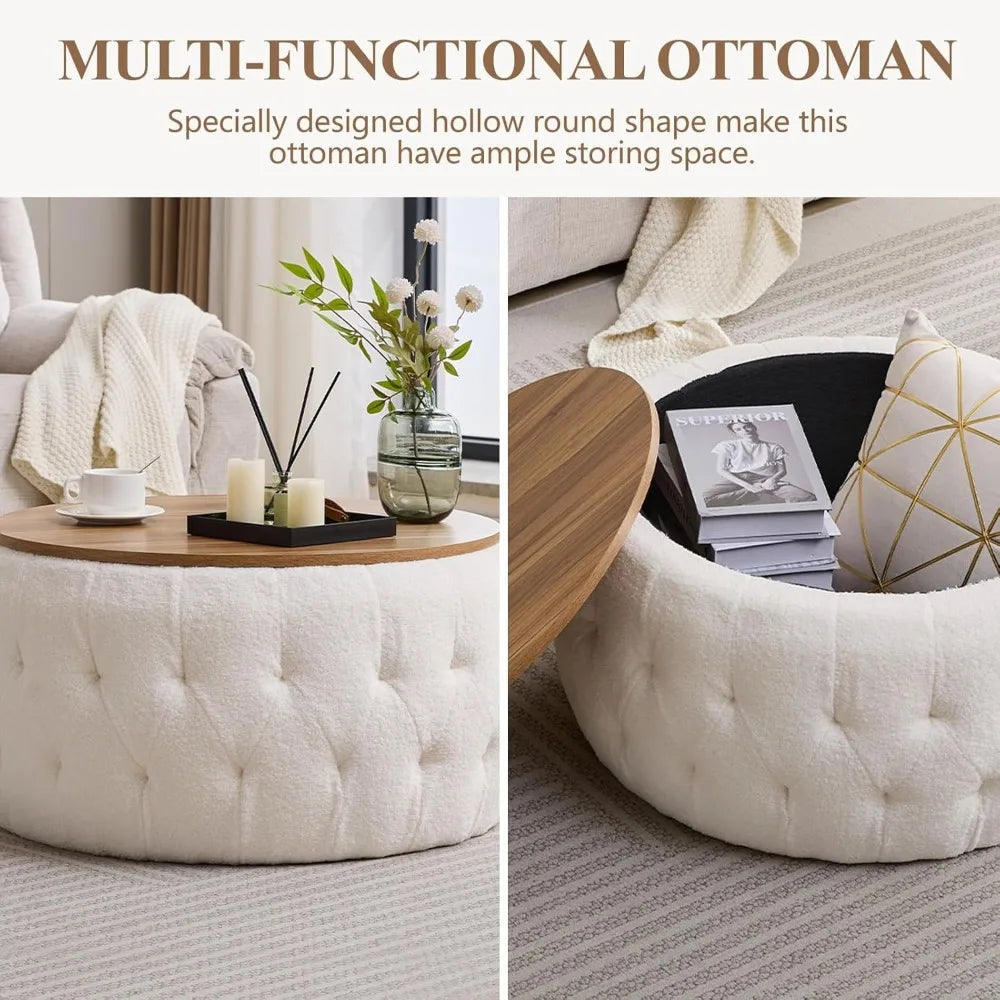 Round Storage Ottoman with Wooden Lid – Tufted Teddy Fabric Footrest, Stool & Coffee Table