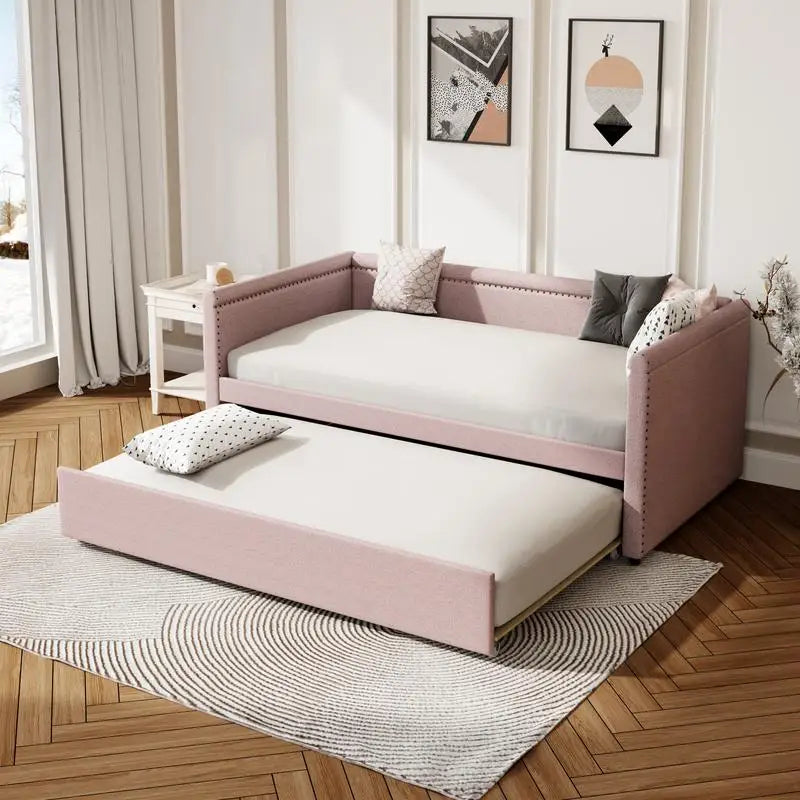 Modern Upholstered Twin Daybed with Trundle, Pink Guest Bed for Small Bedrooms & Study Rooms