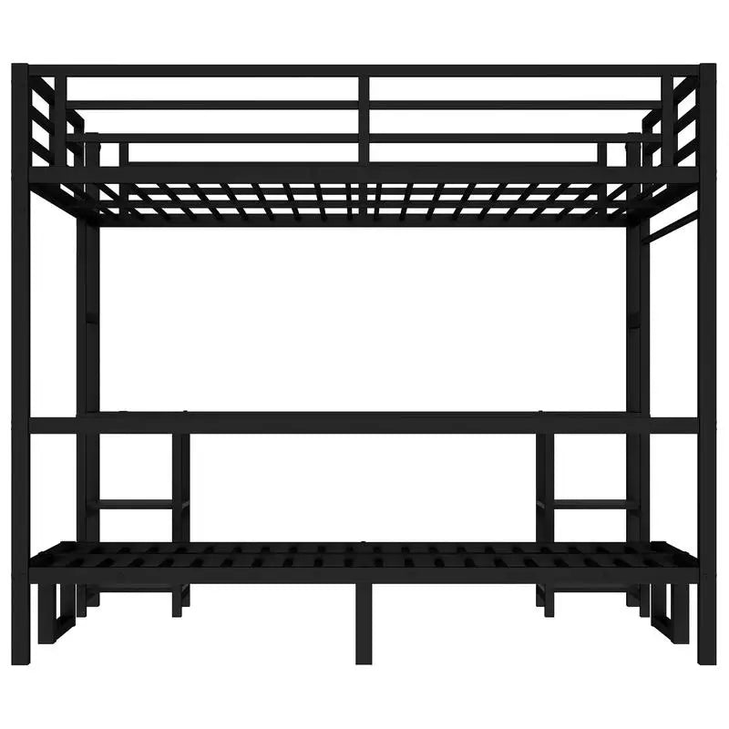 Queen over Twin XL Metal Bunk Bed – Loft with Desk, Shelves, Sofa, LED & USB (Black)