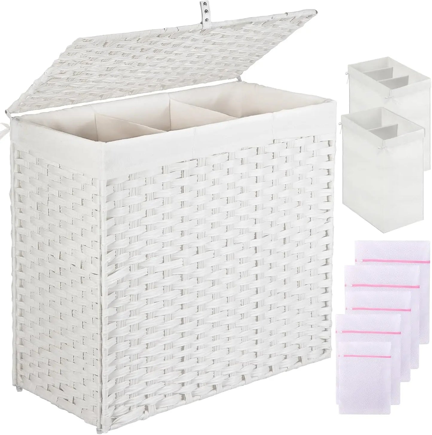 125L Laundry Hamper with Lid – 3-Section & 2-Section Removable Bags + 5 Mesh Bags, Handwoven