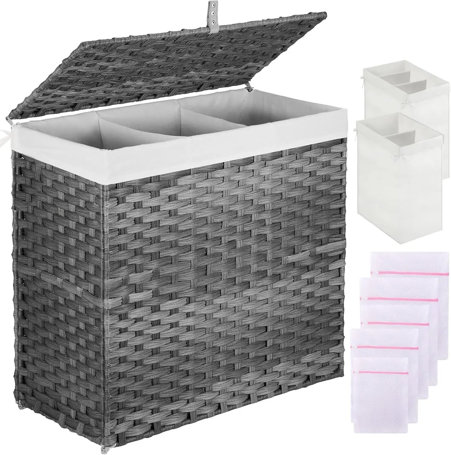 125L Laundry Hamper with Lid – 3-Section & 2-Section Removable Bags + 5 Mesh Bags, Handwoven