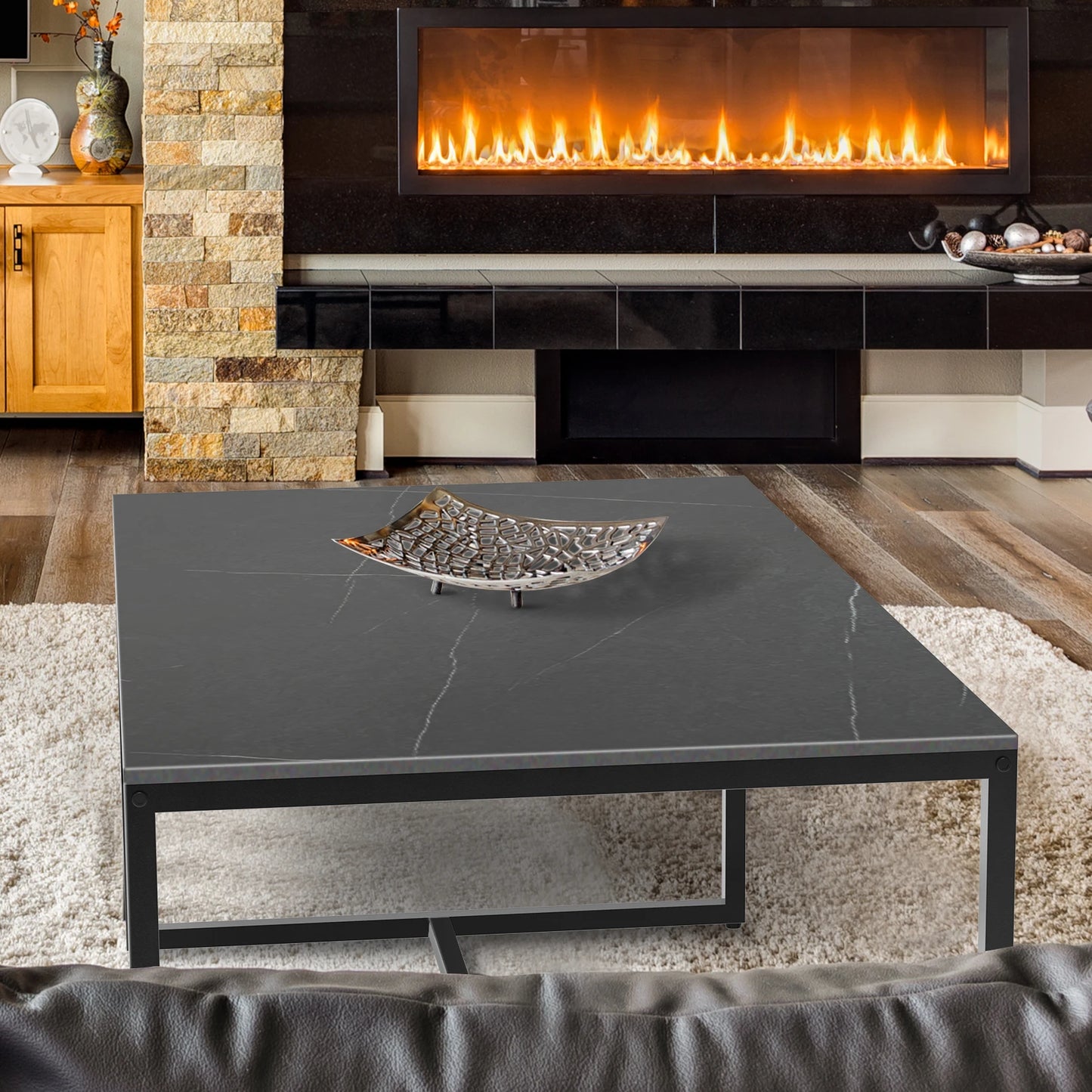 Modern Marble & Metal Coffee Table – Open Rectangle Accent Table for Living Room