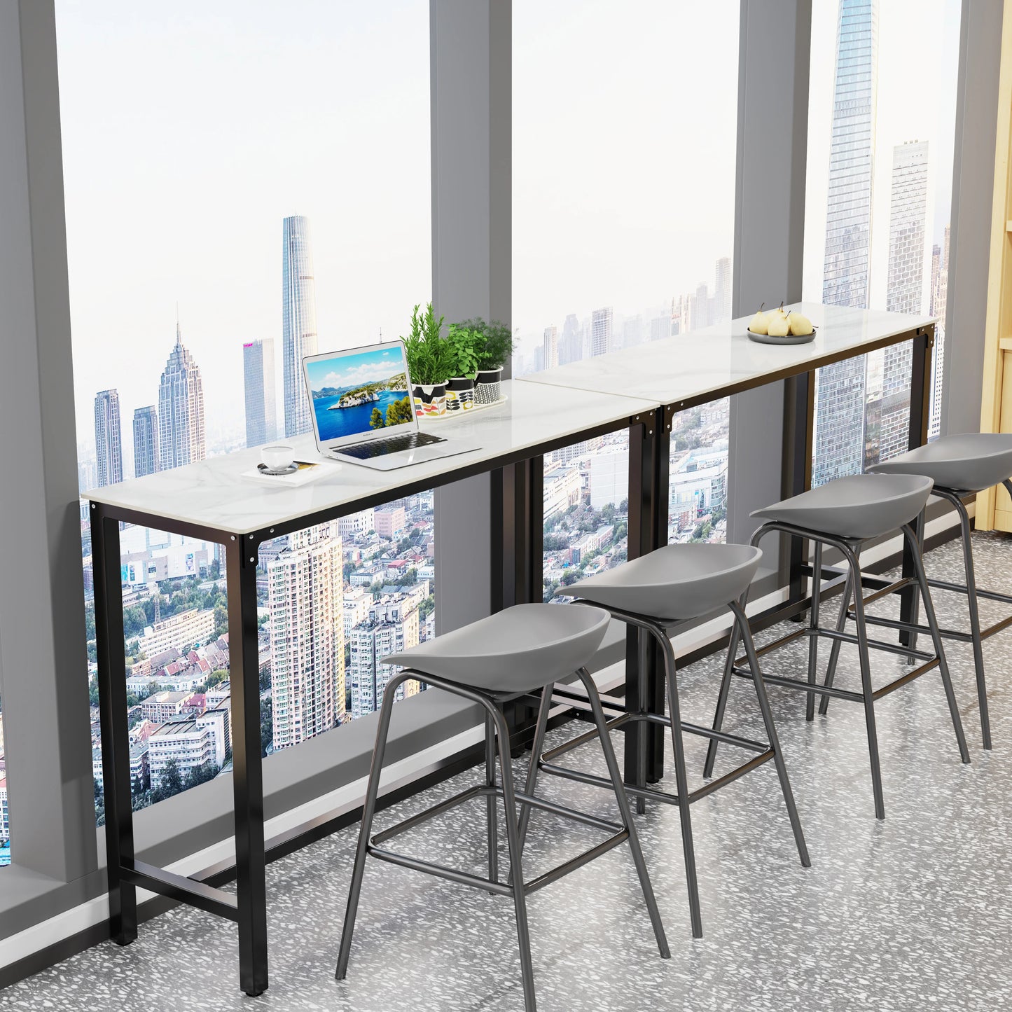 Sintered Stone Bar Table – White Rectangular Counter-Height Dining Table with Black Metal Frame, High Top Pub Table