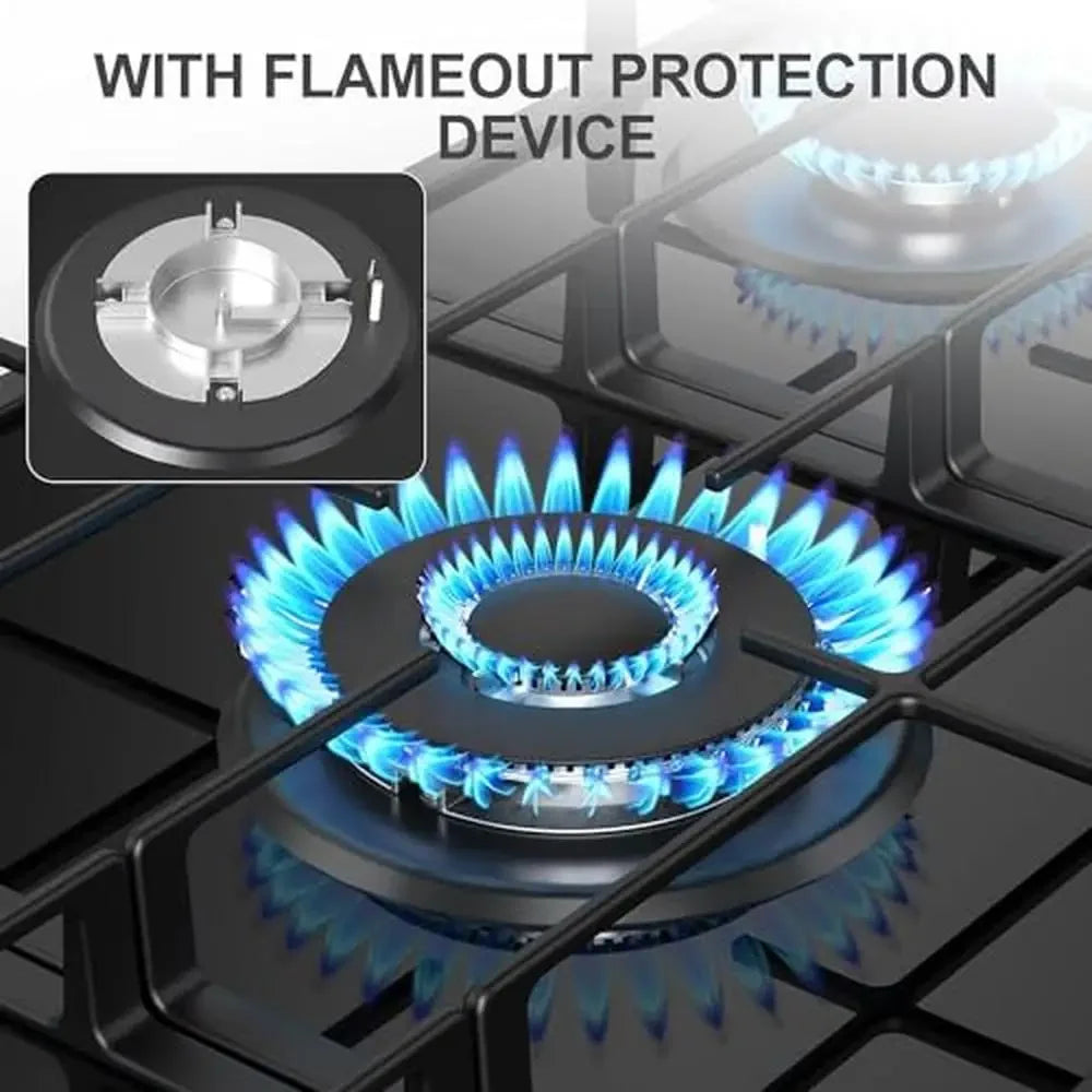 36" 5-Burner Gas Cooktop – Built-in Tempered Glass Stove, NG/LPG Dual Fuel, Auto Ignition, Stainless Steel