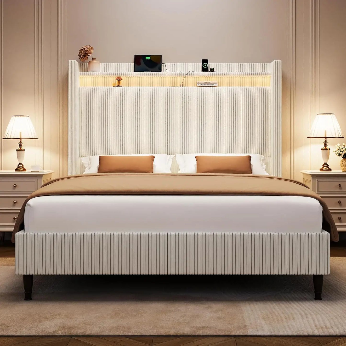 55.3" Corduroy Upholstered Platform Bed – Tall Headboard with LED Lights & USB Charging