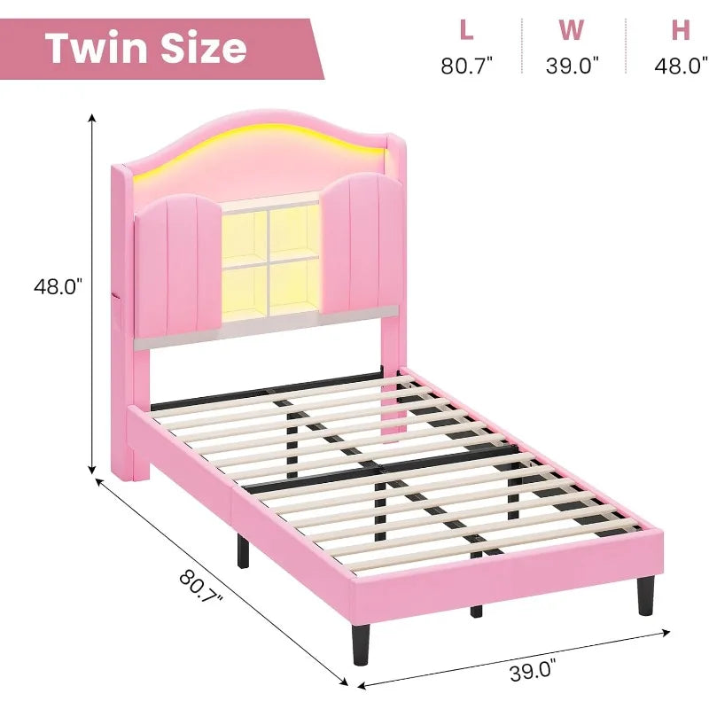 Twin Princess Bed Frame with LED Lights – Pink Velvet Upholstered Platform with Storage & Charging Headboard