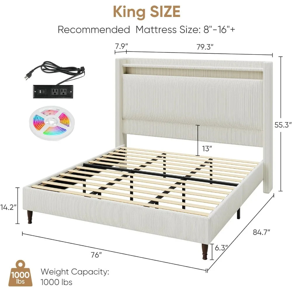 55.3" Corduroy Upholstered Platform Bed – Tall Headboard with LED Lights & USB Charging