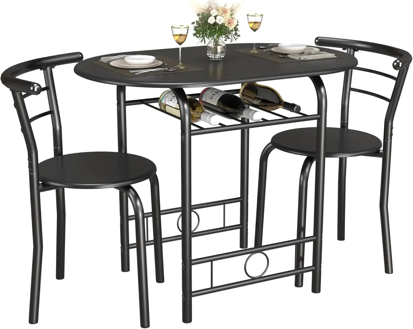 Space-Saving Kitchen Breakfast Nook Set – Round Wood Grain Table & Chairs with Metal Frame