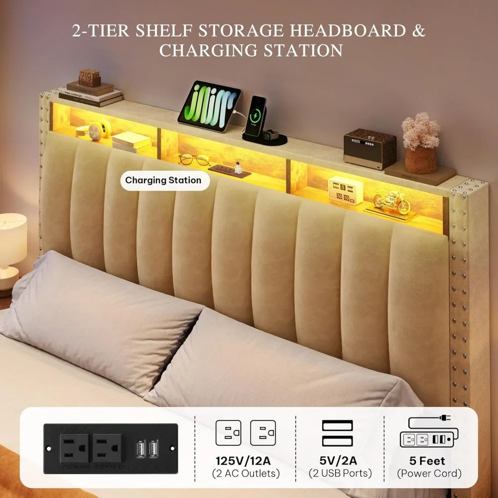 Queen Bed Frame with Storage Drawers & RGB LED Lights – Velvet Upholstered Platform with Charging Station