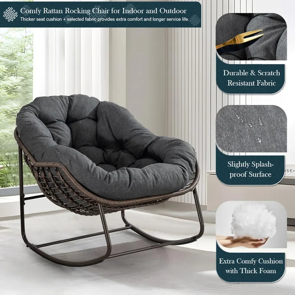 Oversized Wicker Egg Rocking Chair – Indoor/Outdoor Lounge Chair with Plush Cushion