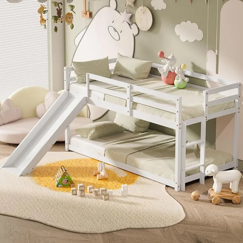 Low Twin Bunk Bed with Slide & Ladder – Wooden Loft Frame with Guardrails & Storage