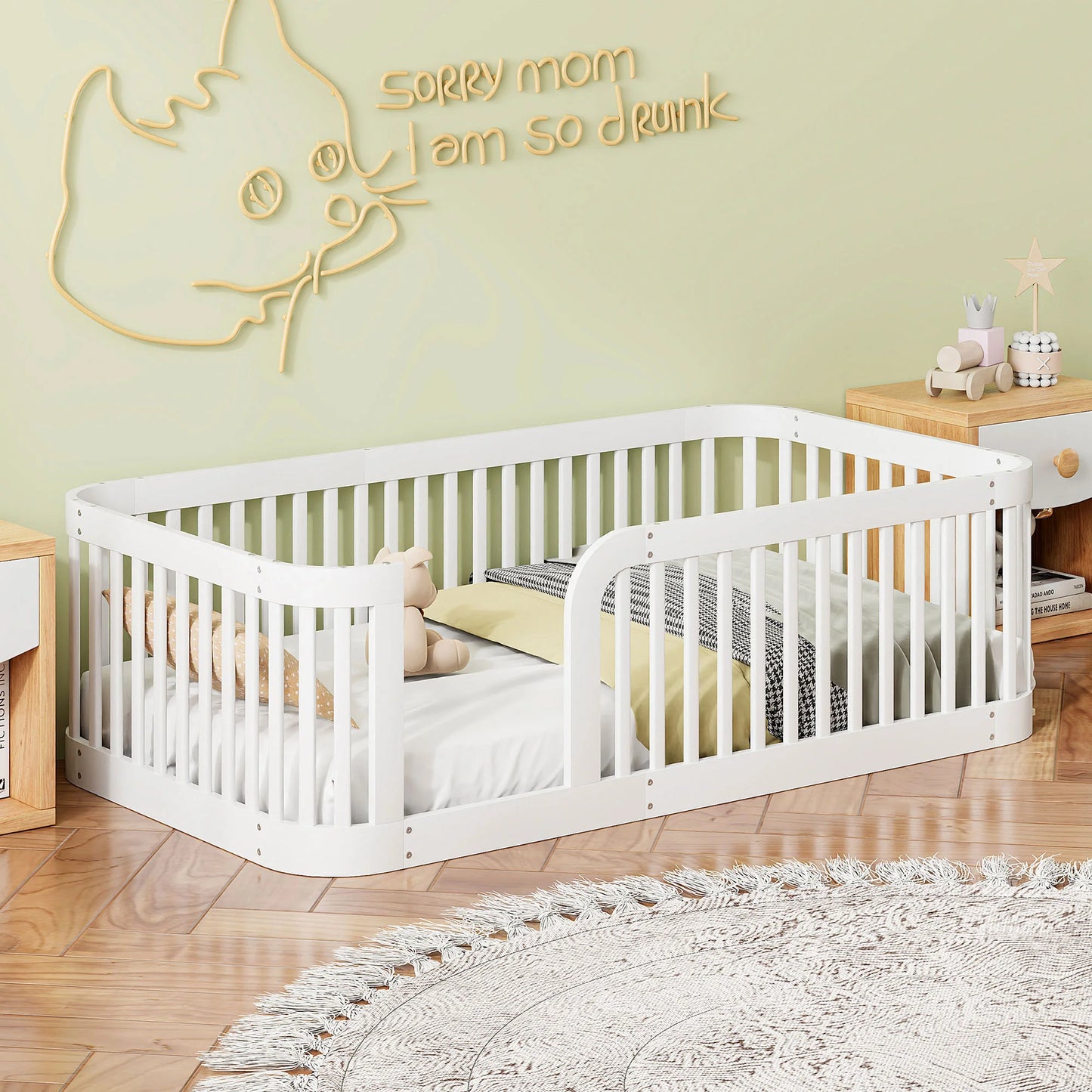 Wood Twin Bed Frame for Toddlers – Low Floor Bed with Fence, 76.9"L x 41.1"W x 23.8"H