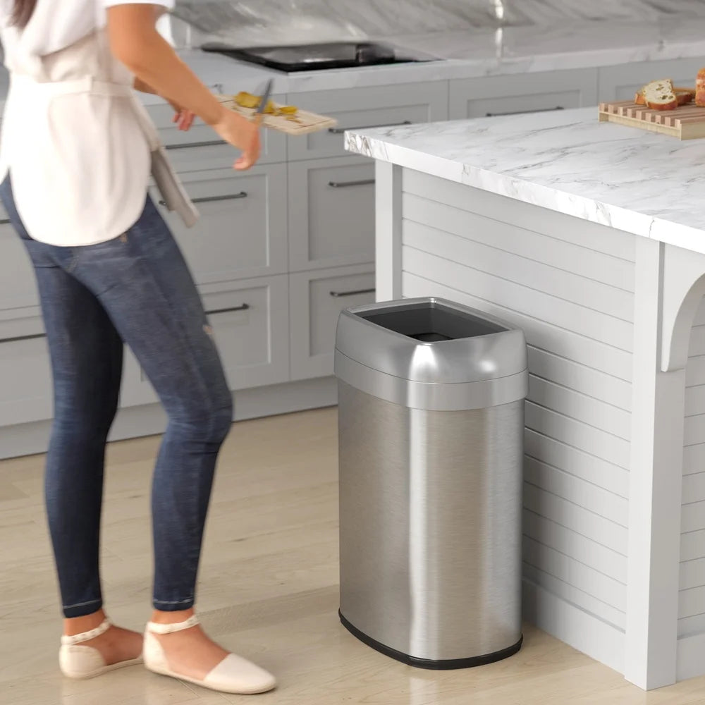 Commercial Grade 13 Gallon Elliptical Open Top Trash Can Dual Odor Filters Touchless Slim Design Kitchen Office Garage