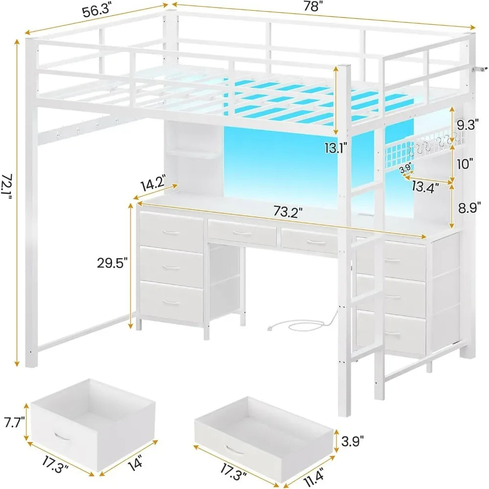 Full Size Loft Bed with Desk, 8 Drawers, Shelves, LED Lights & Charging Station