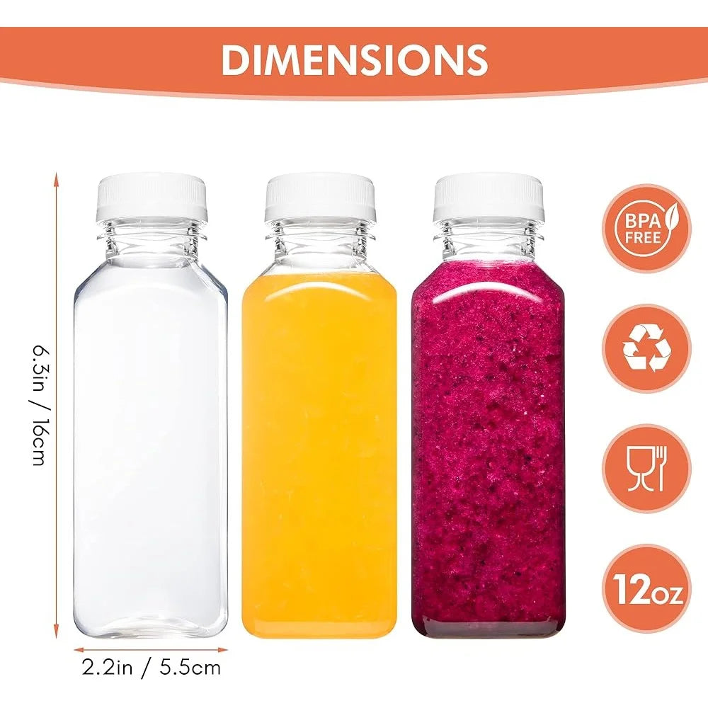 12oz Reusable Plastic Juice Bottles with Caps – BPA-Free, Airtight & Leakproof Containers for Smoothies, Juices, Milk Tea & Detox Drinks