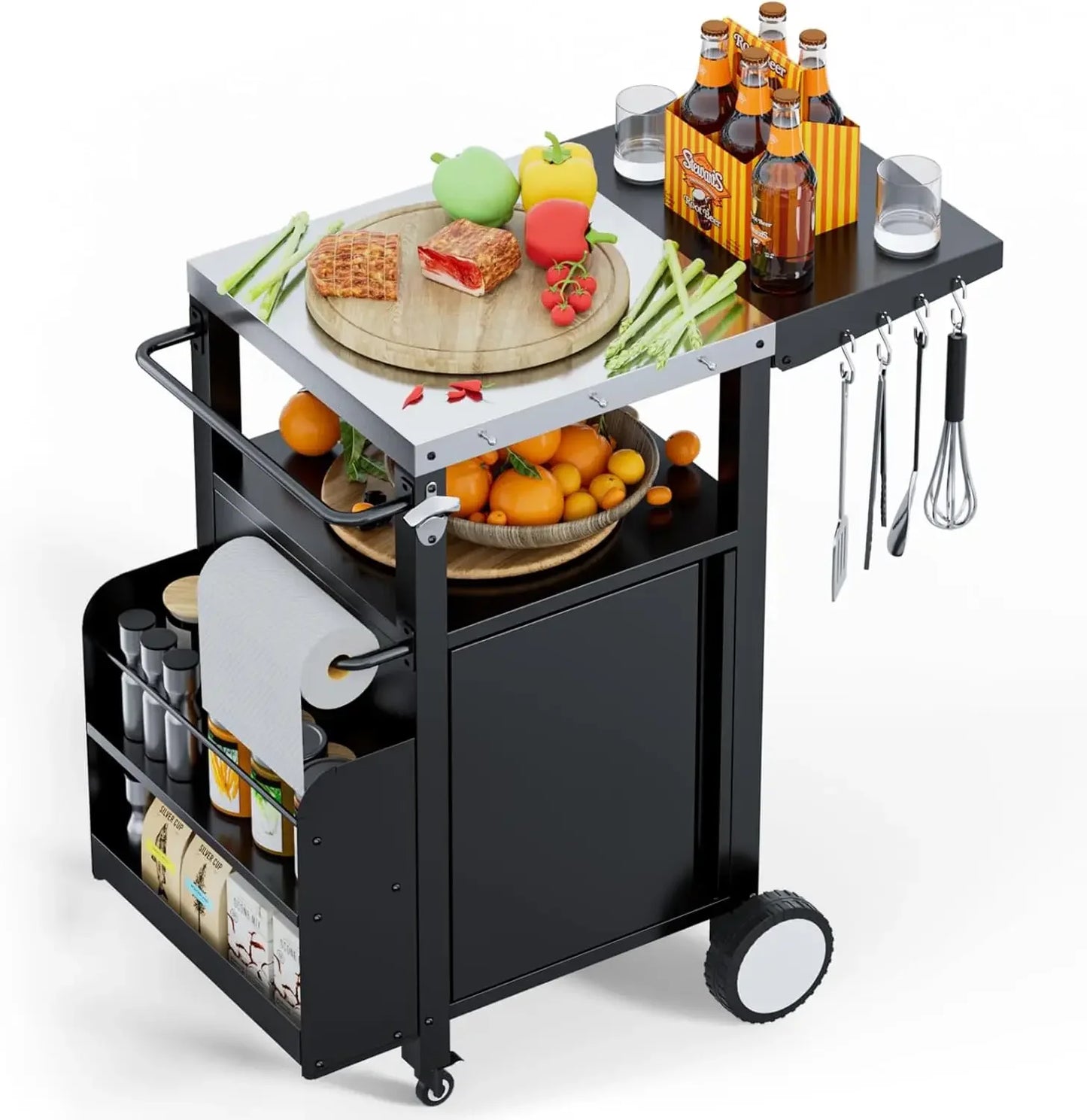 Outdoor Grill Cart with Storage – Patio Kitchen Island Table with Wheels, Hooks & Spice Rackoutdoor grill cart, patio kitchen island, BBQ prep table, rolling grill cart, outdoor storage table, waterproof grill table, BBQ ca