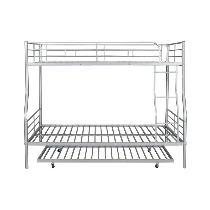 Silver Metal Bunk Bed, Full XL Over Queen with Trundle, Heavy-Duty Frame