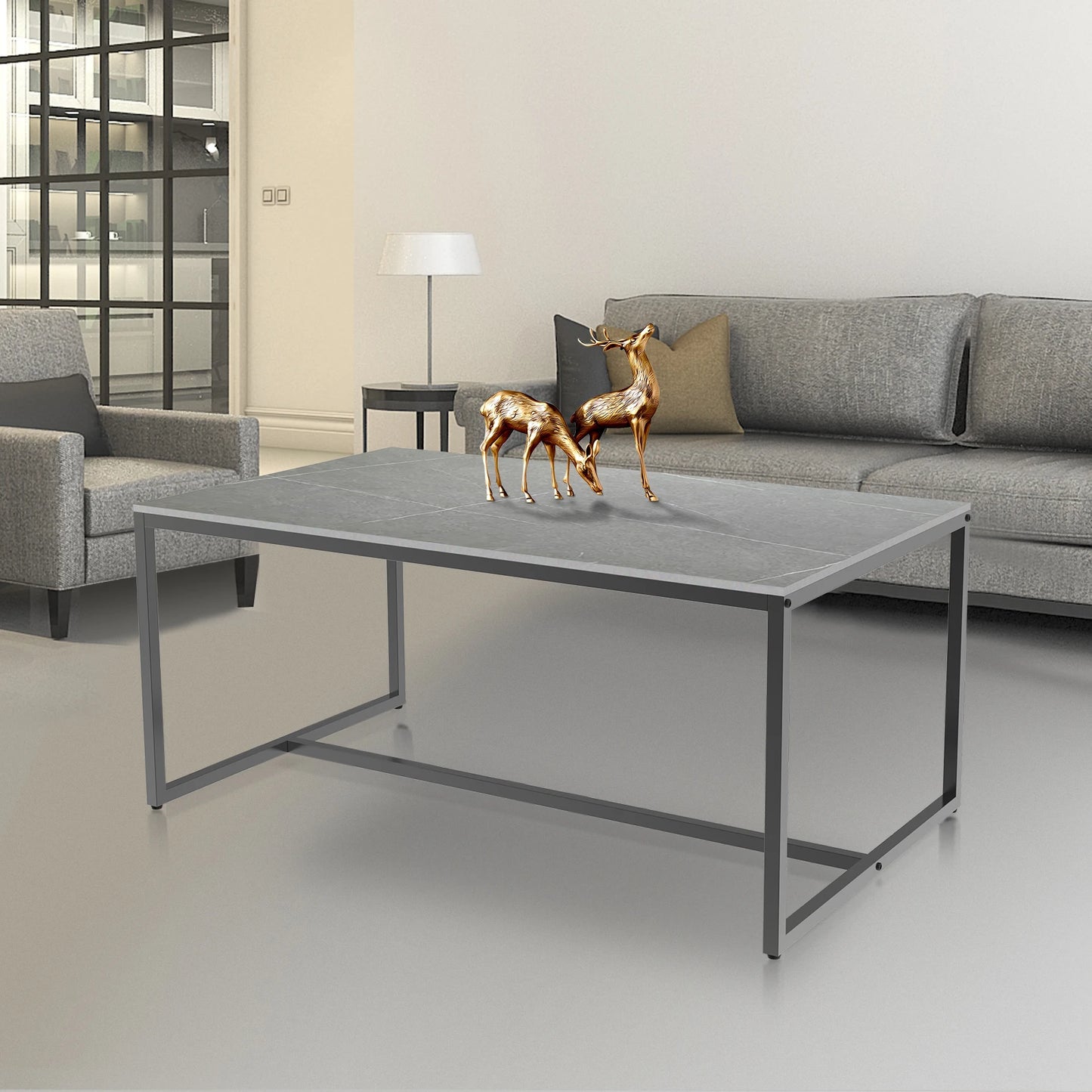 Modern Marble & Metal Coffee Table – Open Rectangle Accent Table for Living Room