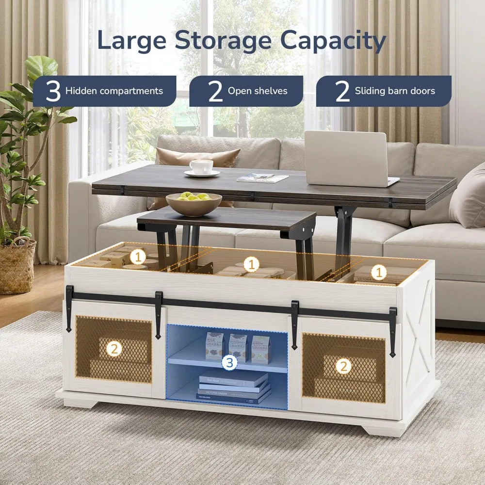 44" Farmhouse Lift Top Coffee Table – Storage with Sliding Barn Doors, 3-in-1 Multi-Function