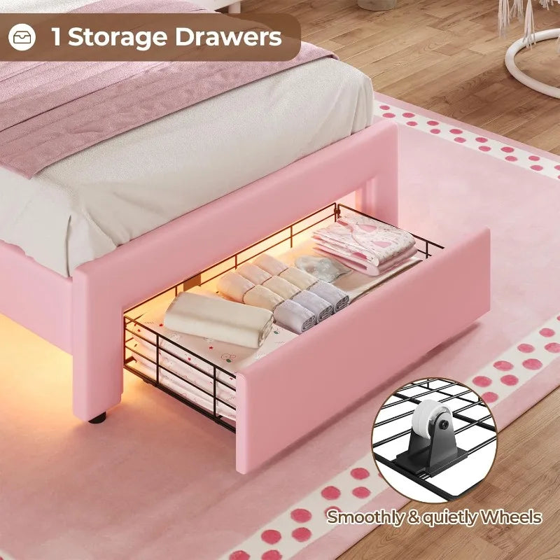 Twin Size Princess Bed – Pink Upholstered Platform with Storage Drawer & Adjustable Crystal Headboard