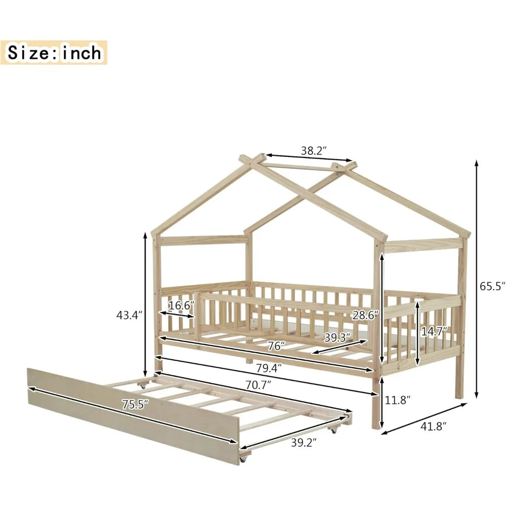 Twin Wooden House Bed with Trundle – Kids Platform Bed with Roof, Fence & Guardrail