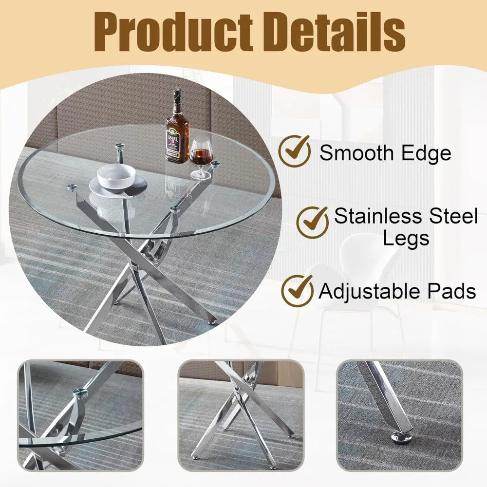 Glass Dining Table Set for 4 – 36" Round Silver Tempered Glass Table with 4 Black Faux Leather Chairs, Modern Kitchen & Home Office