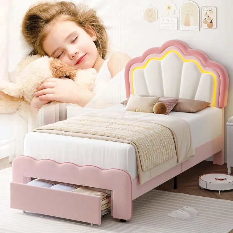 HOSTACK Twin Princess Bed Frame – Upholstered Velvet with LED Lights & Storage Drawer (Pink/Beige)