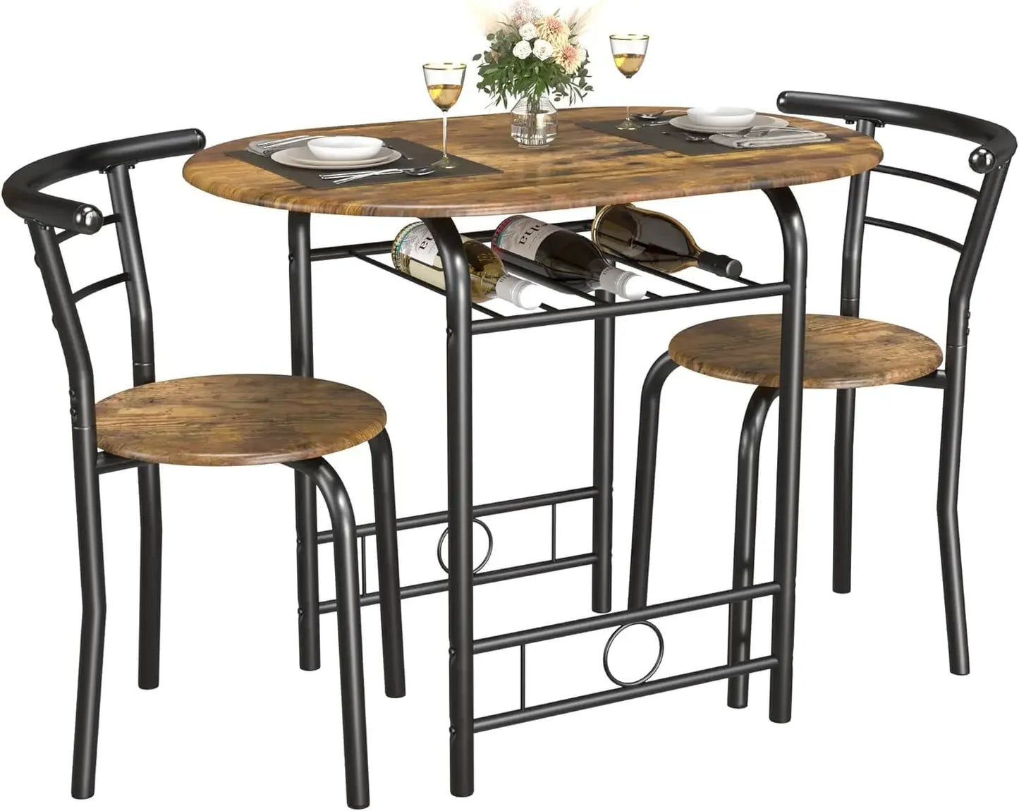Space-Saving Kitchen Breakfast Nook Set – Round Wood Grain Table & Chairs with Metal Frame