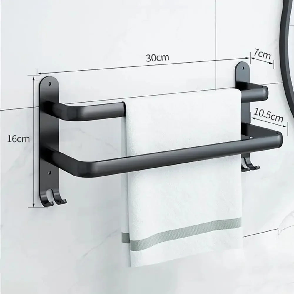 Aluminum Alloy Wall-Mount Bathroom Shelf with Hooks – Space-Saving Storage