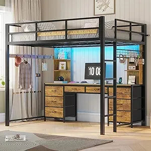 Full Size Loft Bed with Desk, 8 Drawers, Shelves, LED Lights & Charging Station