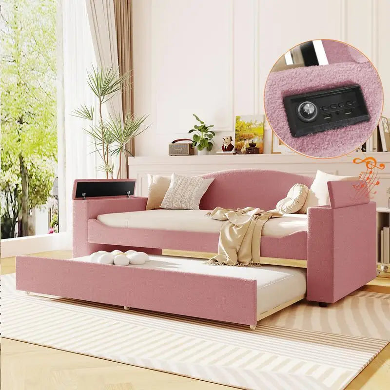 Pink Twin Upholstered Daybed with Trundle, Storage Armrests & Bluetooth Audio, Teddy Fleece