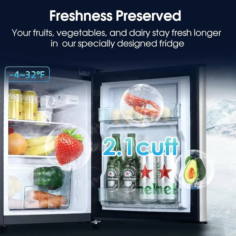 3.2 Cu.Ft 2-Door Mini Fridge with Freezer – Adjustable Thermostat, LED Light & Removable Glass Shelves (Silver)