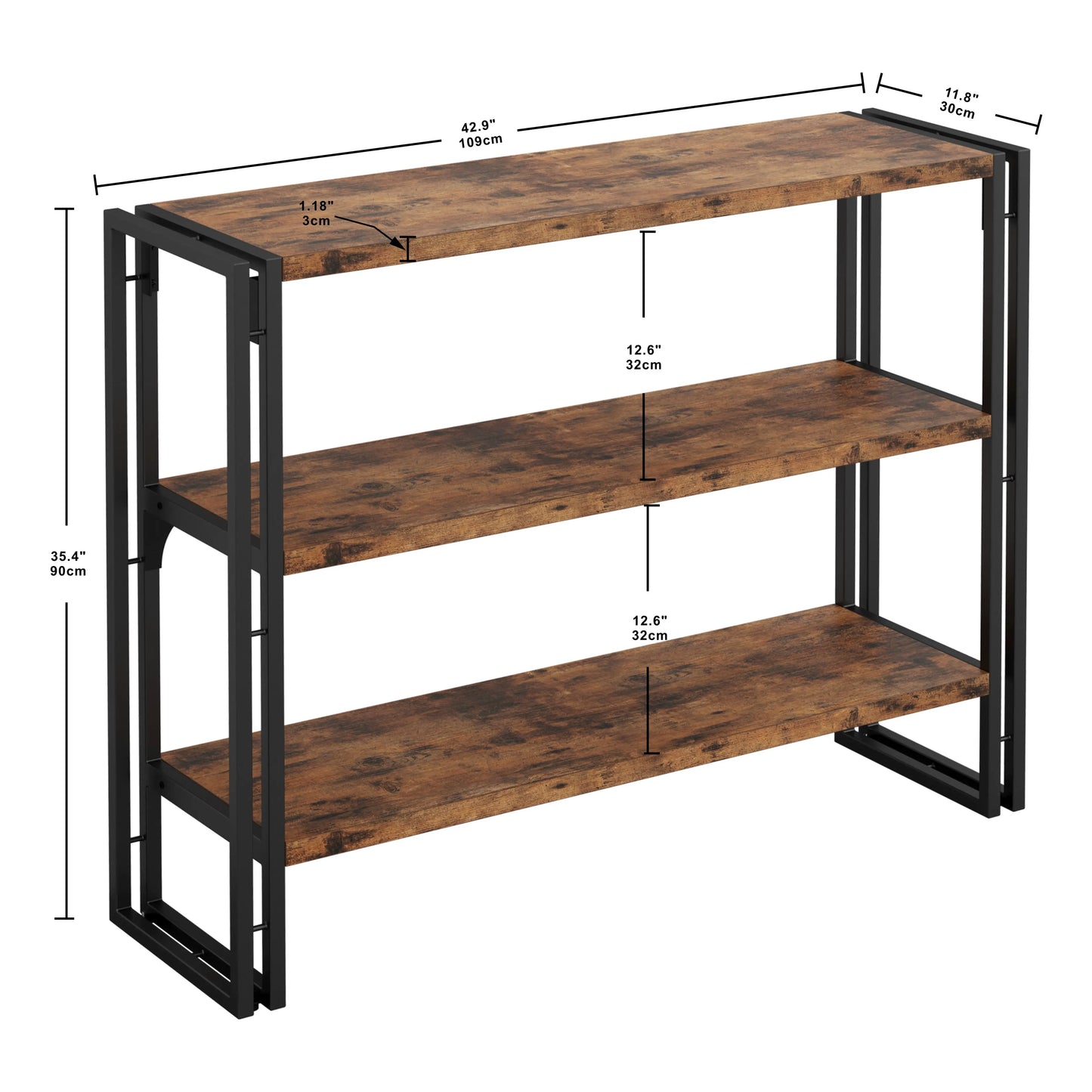 IRONCK Industrial 3-Shelf Bookcase – Wood Storage Shelf with Metal Frame, Vintage Brown