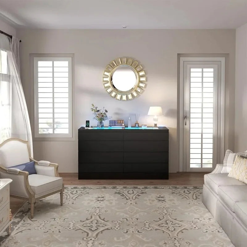 8-Drawer Dresser with Power Outlet, White Bedroom Chest with Glass Top & LED Light