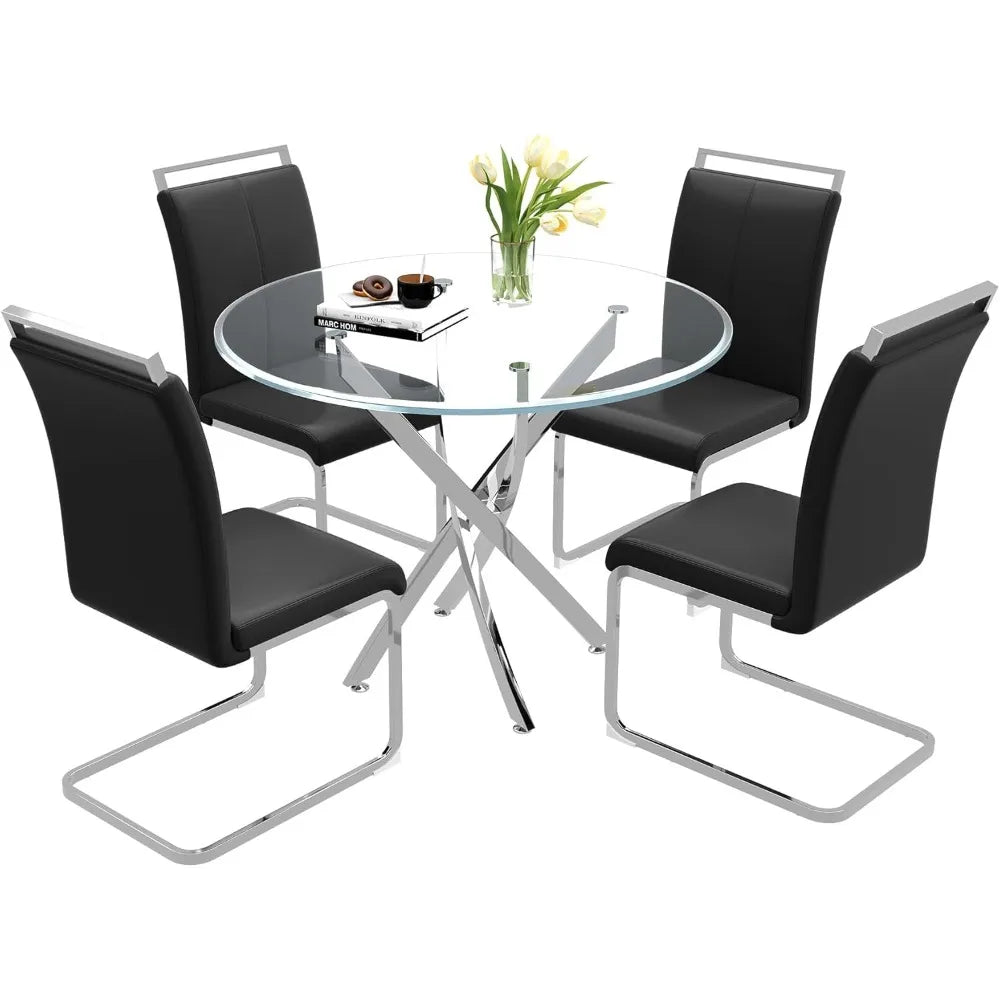 Glass Dining Table Set for 4 – 36" Round Silver Tempered Glass Table with 4 Black Faux Leather Chairs, Modern Kitchen & Home Office