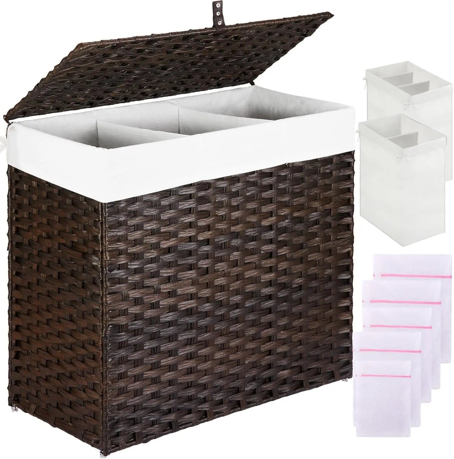 125L Laundry Hamper with Lid – 3-Section & 2-Section Removable Bags + 5 Mesh Bags, Handwoven