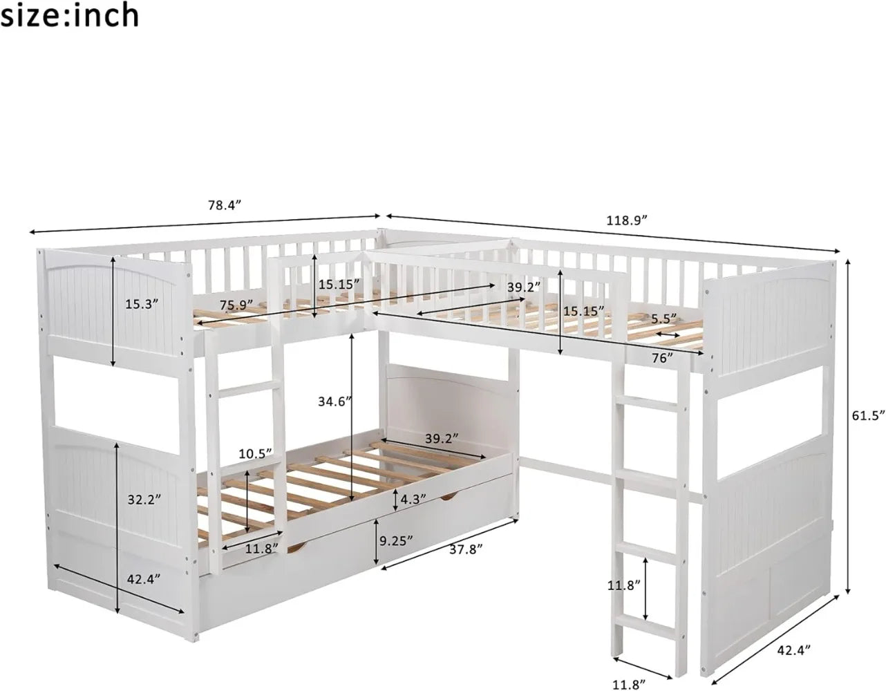 Triple Twin L-Shaped Bunk Bed with Drawers & Ladders – Space-Saving Design, No Box Spring Needed