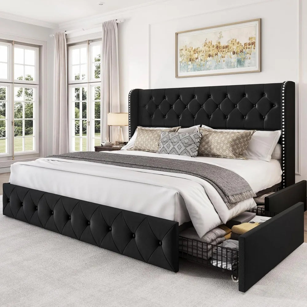 LARMACE King Size Velvet Upholstered Platform Bed – Modern Bed Frame with Headboard